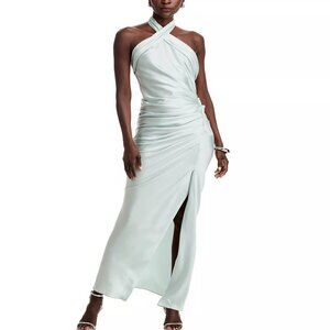 695$ SIMKHAI Sarabella Halter Neck Slit Ruched Maxi Dress Size 12 Powder Blue